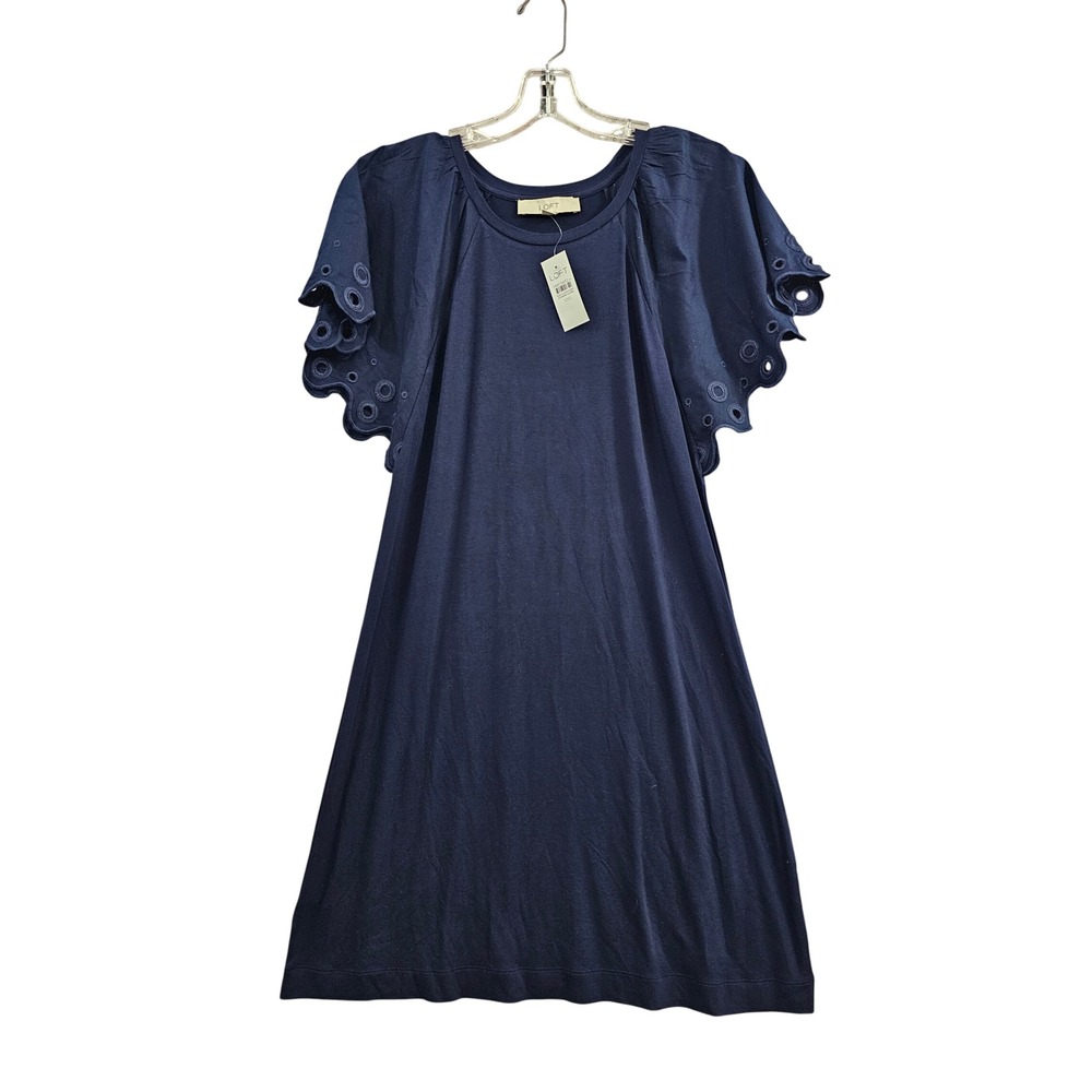 LOFT Shift Dress Womens XXS Navy Blue Eyelet Flutter Sleeve Knit‎ Casual Summer